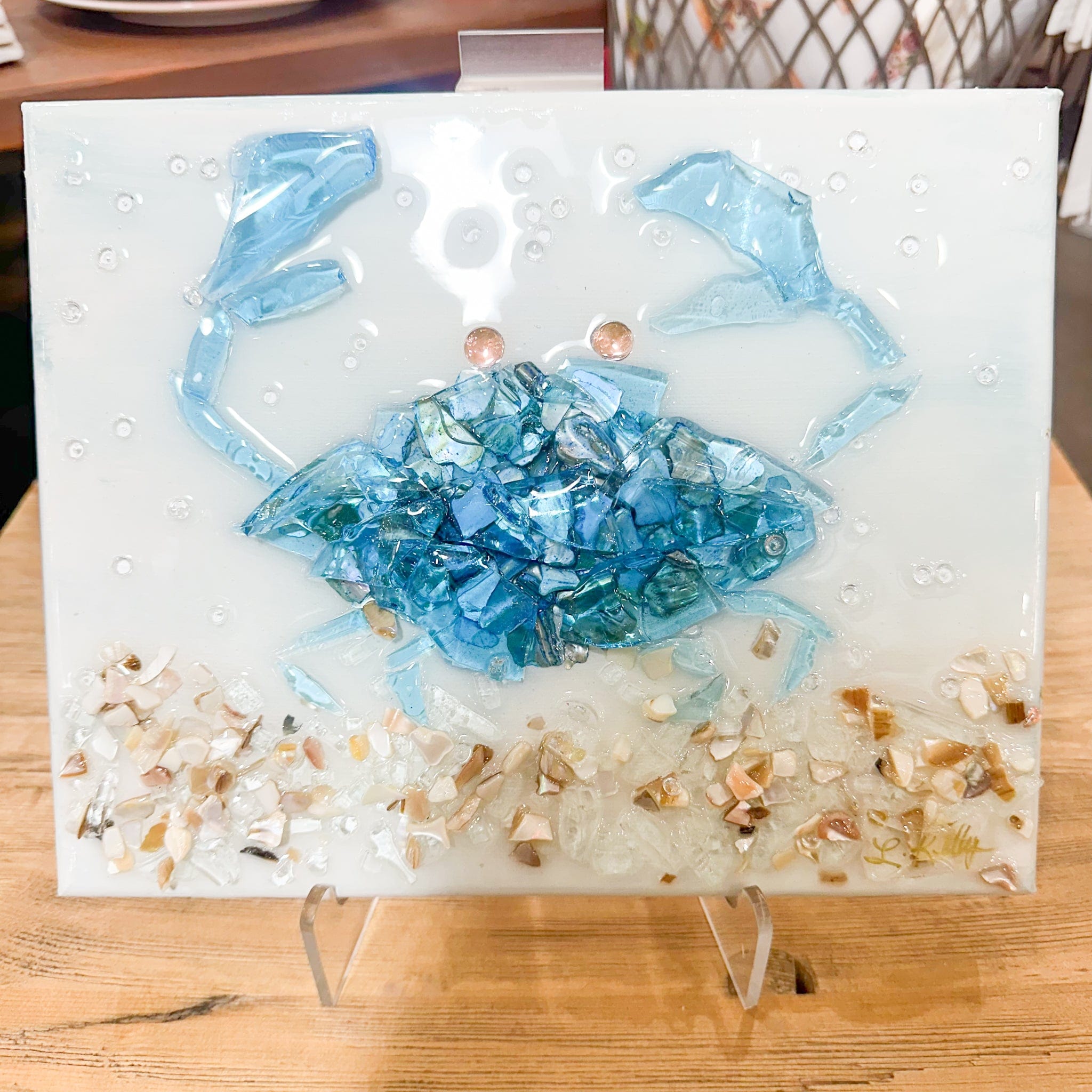 Blue crab glass art work 