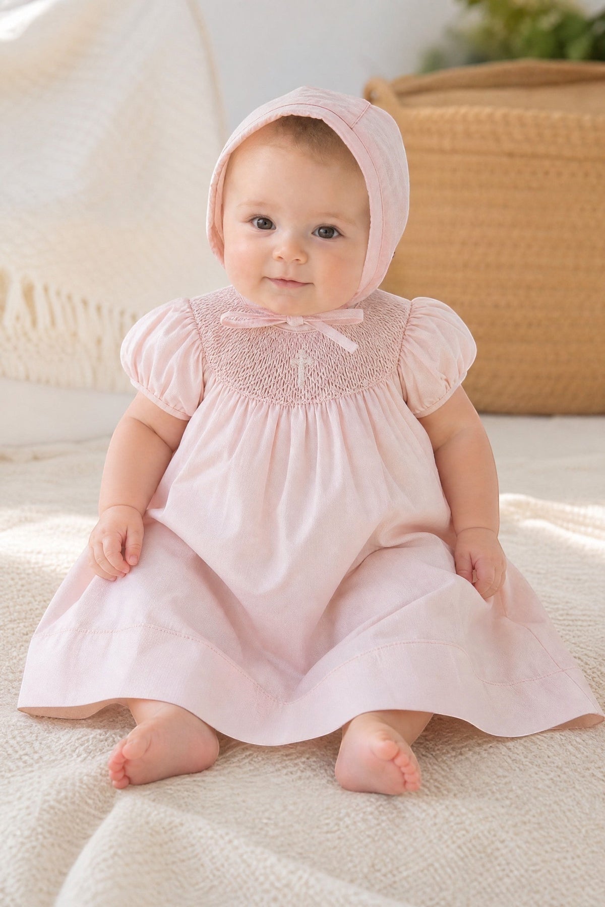 Baby Girl Hand Smocked with Pearl Cross Pink Christening Bishop Dress with Bonnet – Carriage Boutique
