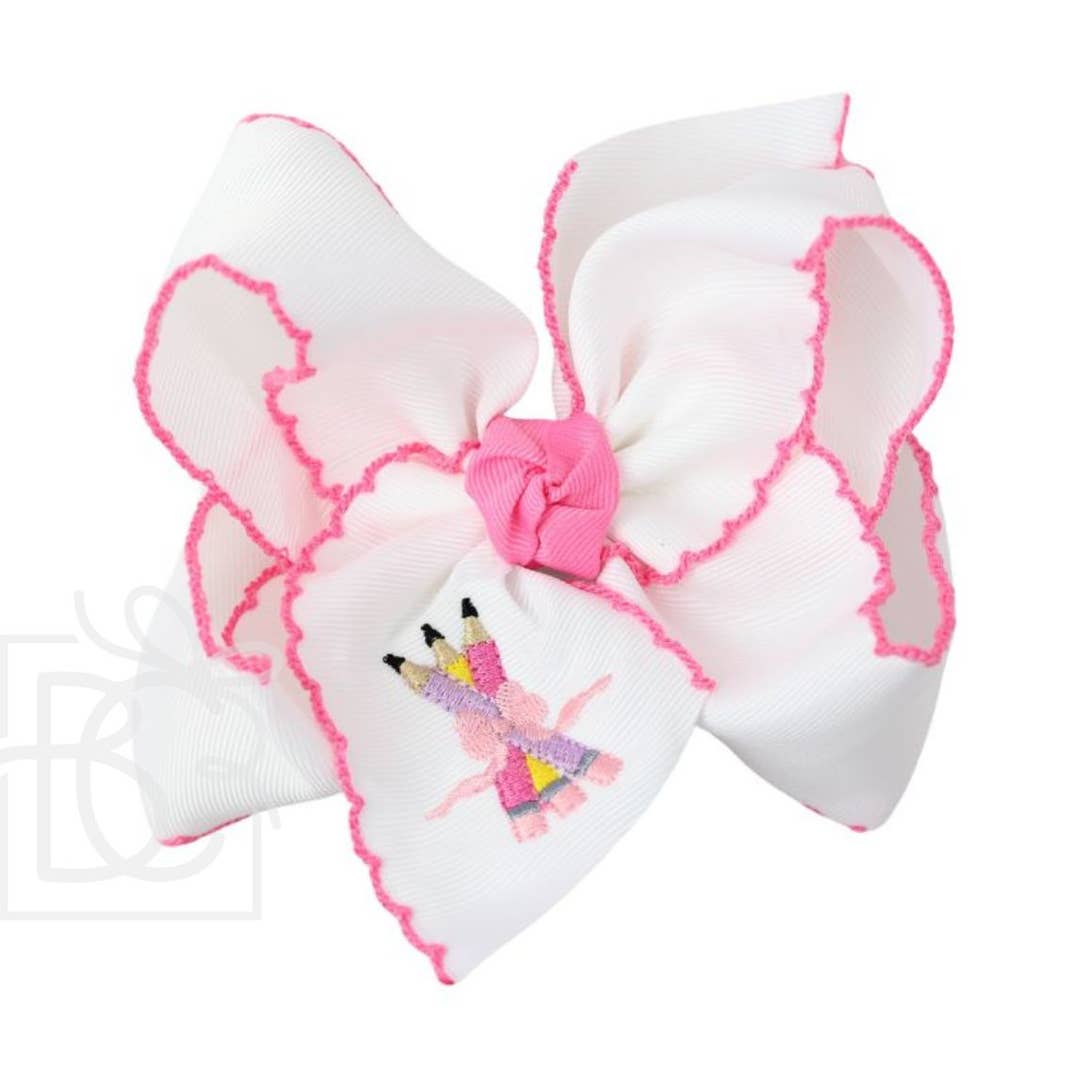 4.5" Large Embroidered Pencils Pink Crochet Edge White Bow