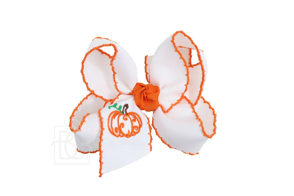 4.5" Large Embroidered Pumpkin Crochet Edge Bow White-Orange Crochet Edge Embroidered Orange Pumpkin