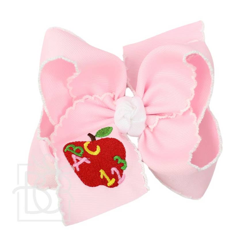 4.5" Large Embroidered Apple 'ABC 123' On Crochet Edge Pink Bow