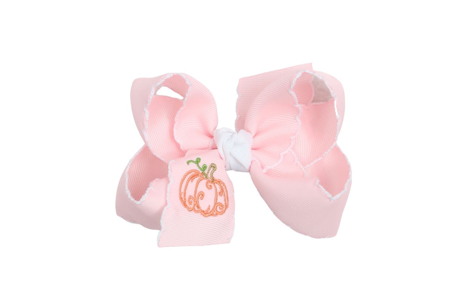 4.5" Large White Crochet Edge with Embroidered Cantaloupe Pumpkin on Light Pink Bow
