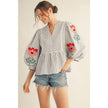 Embroidered Balloon Sleeve Striped Top