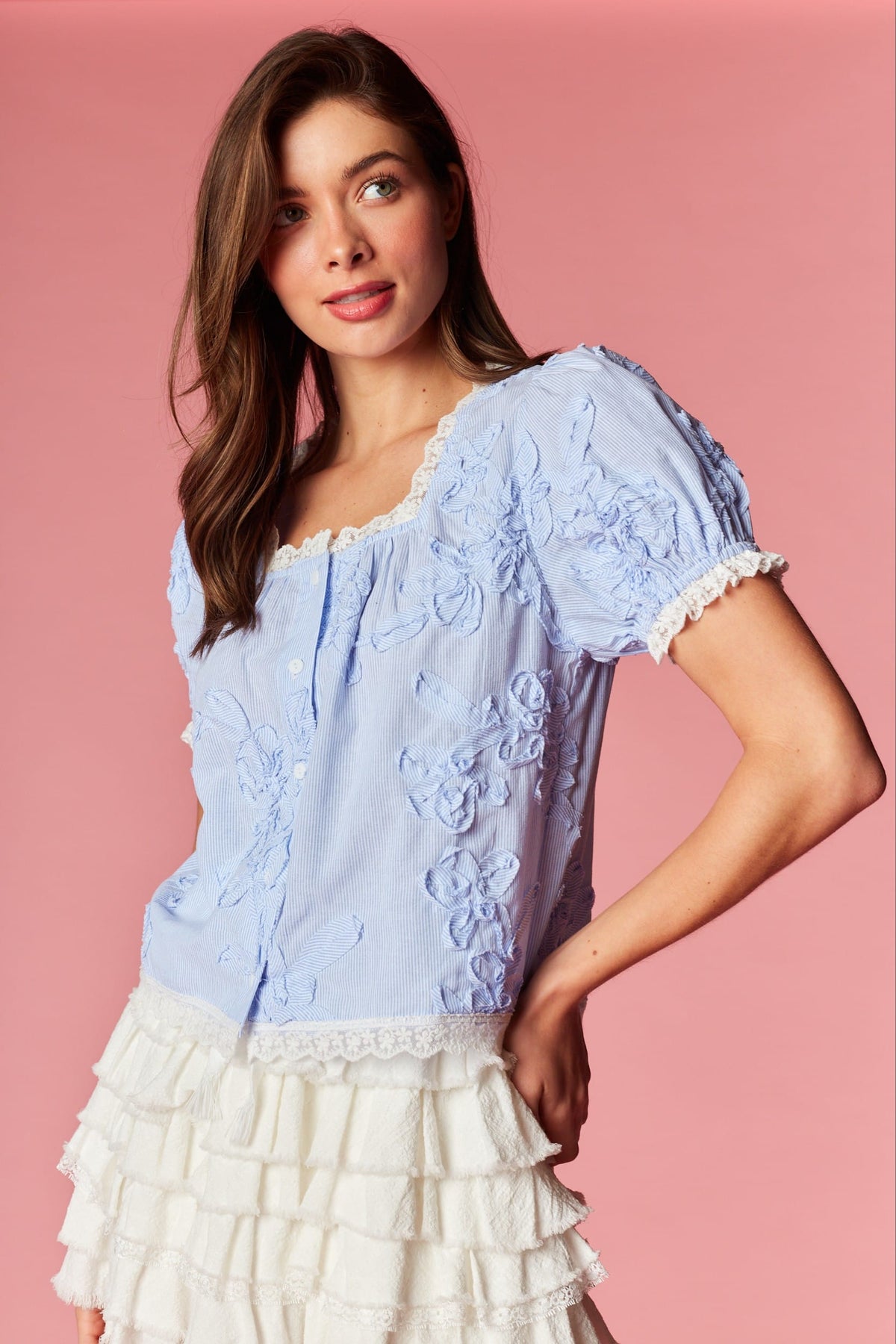 Embroidered Daisy Lace Trim Peasant Blouse