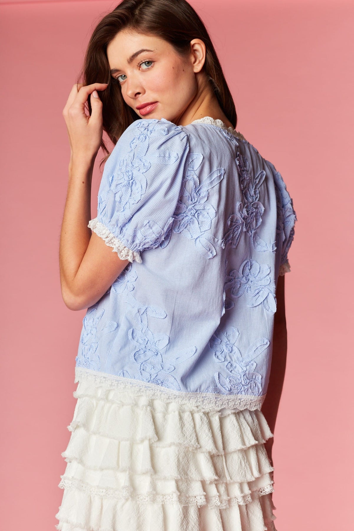 Embroidered Daisy Lace Trim Peasant Blouse