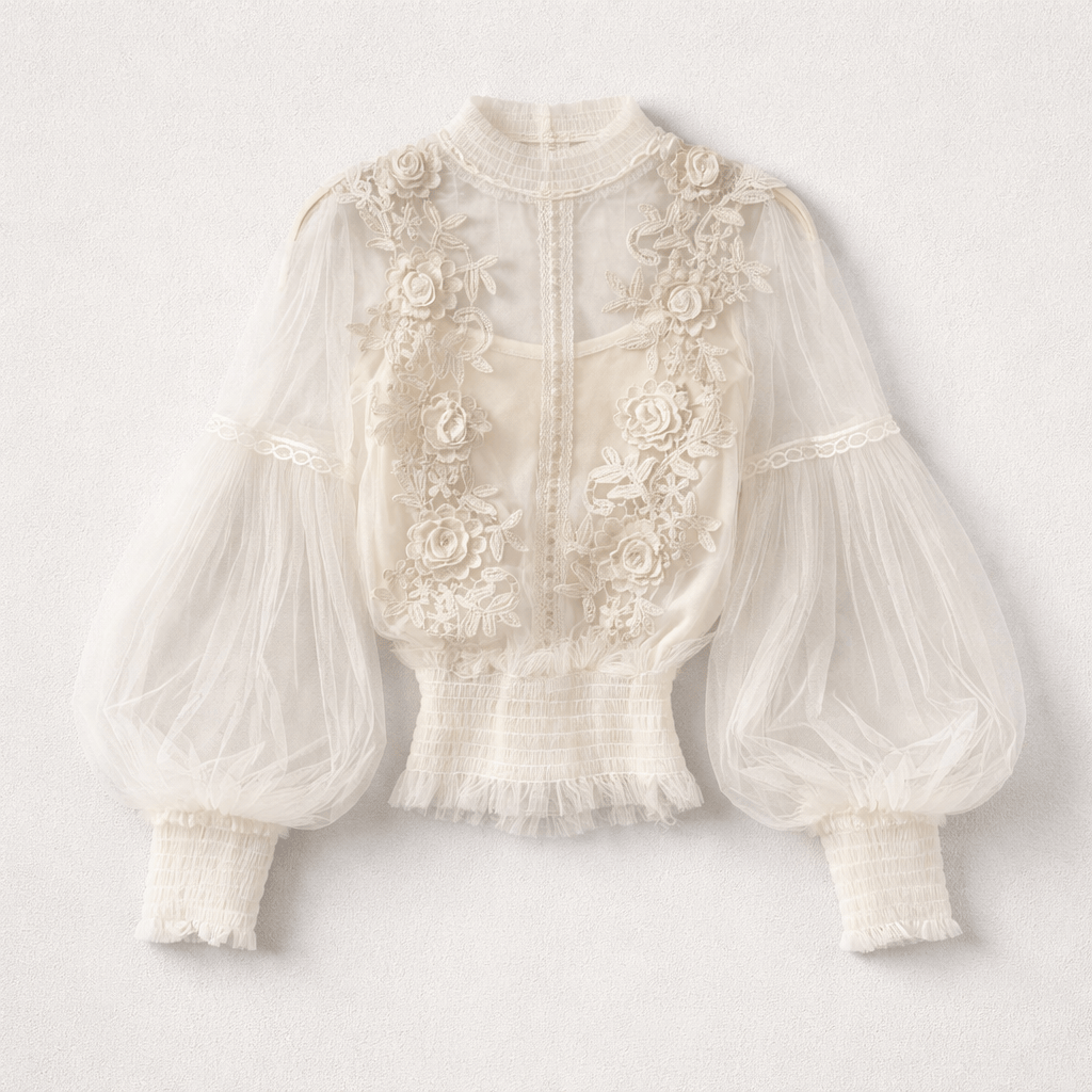 Sheer Vintage Mesh Balloon Sleeve Top with Cami in Apricot