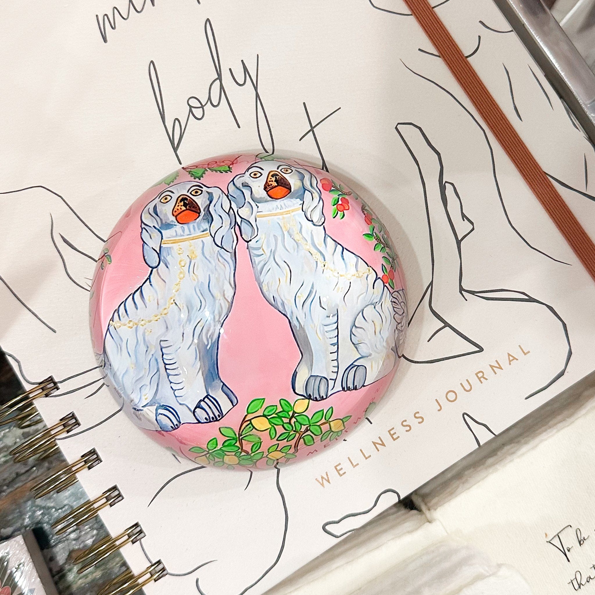 White Staffordshire on Pink Background Paperweight