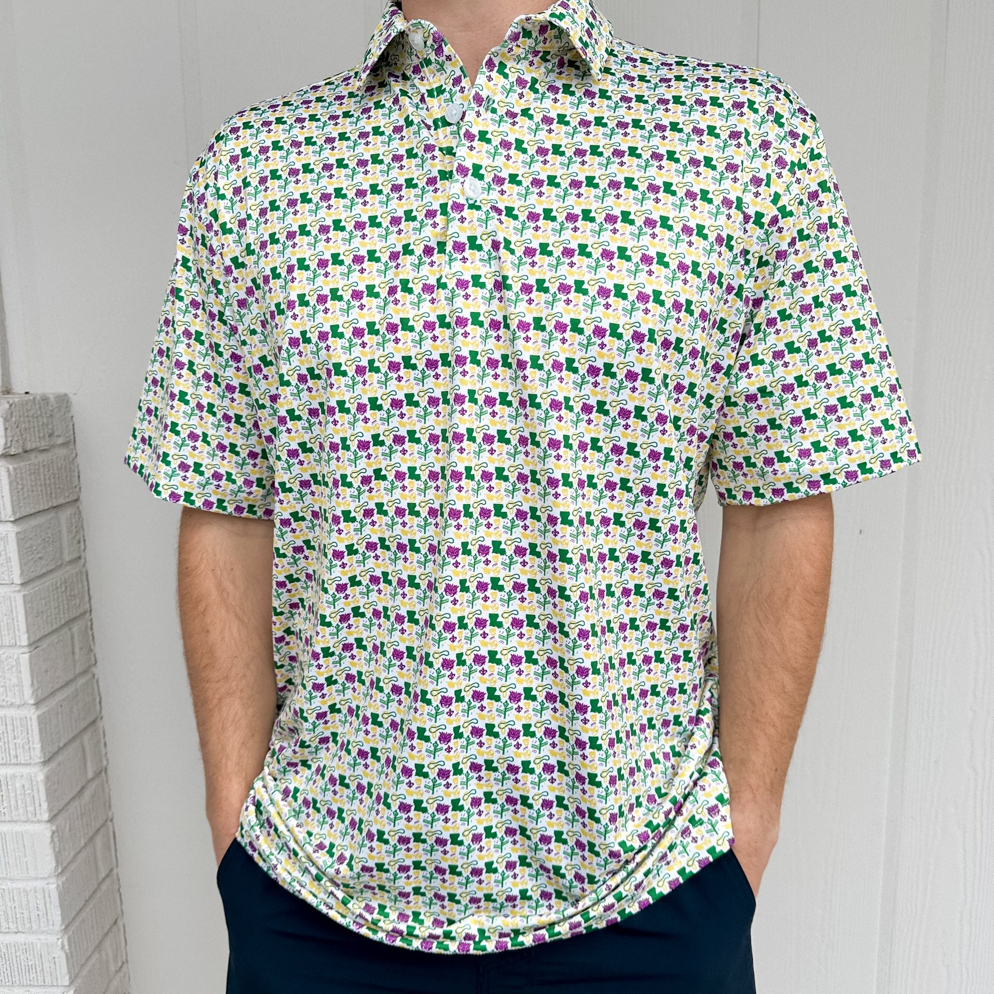Bald Head Blues Mardi Gras All-Over Print on White Men's Albatross Polo - Little Miss Muffin Children & Home