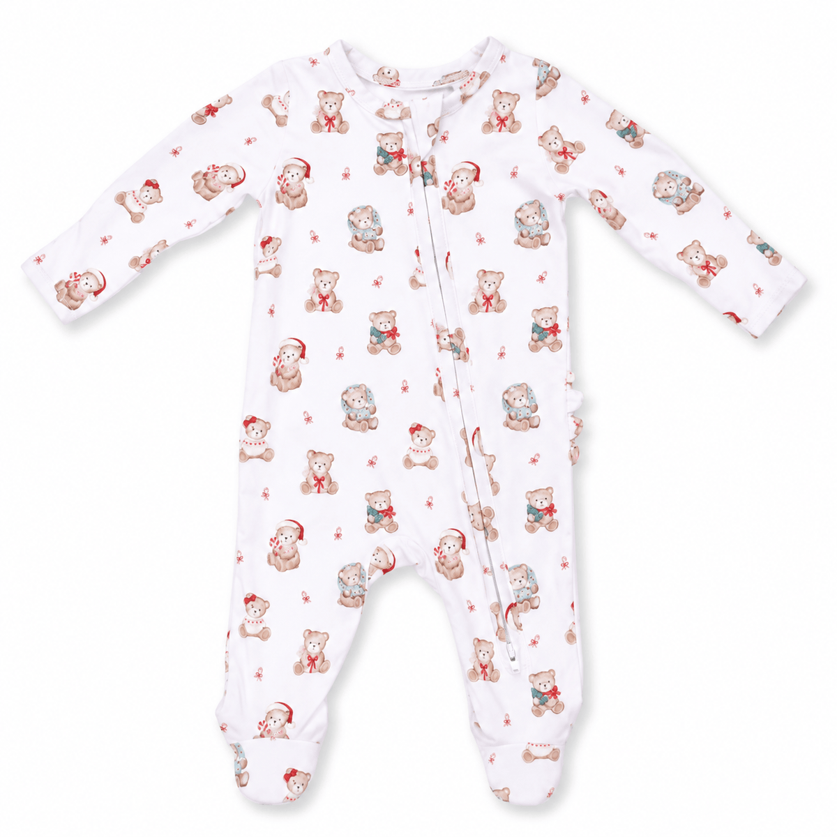 Christmas Teddy Bears Pink 2 Way Ruffle Back Zipper Footie
