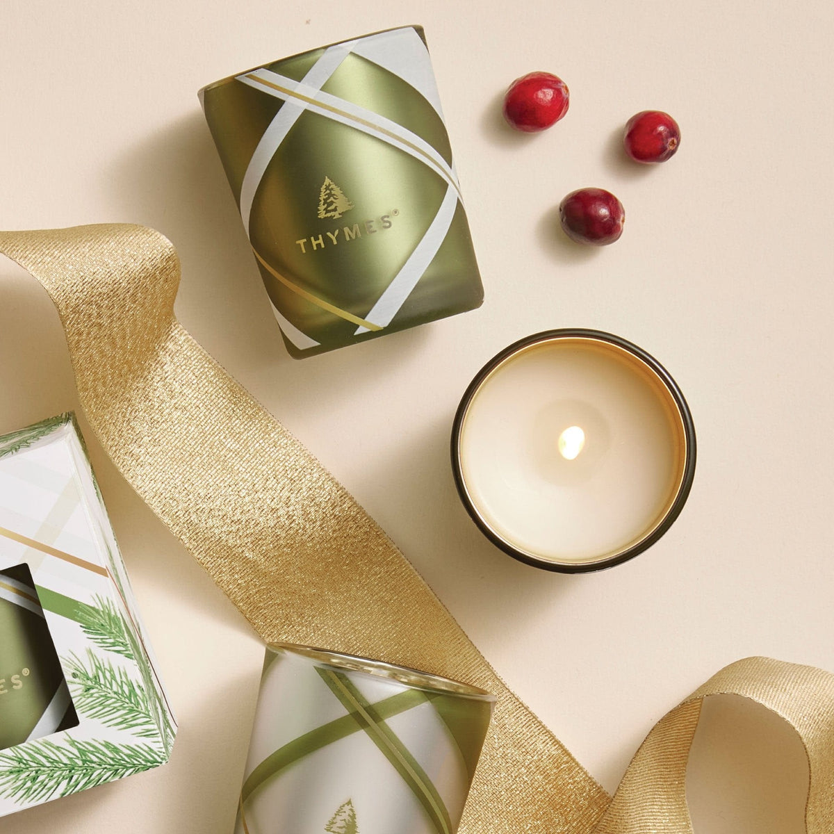 Thymes Frasier Fir Frosted Plaid Aromatic Votive Trio Candle Set, alternate view 3