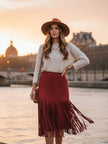 womens fringe midi skirt in burgundy red