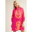 Floral Applique Balloon Sleeve Dress in Fuchsia