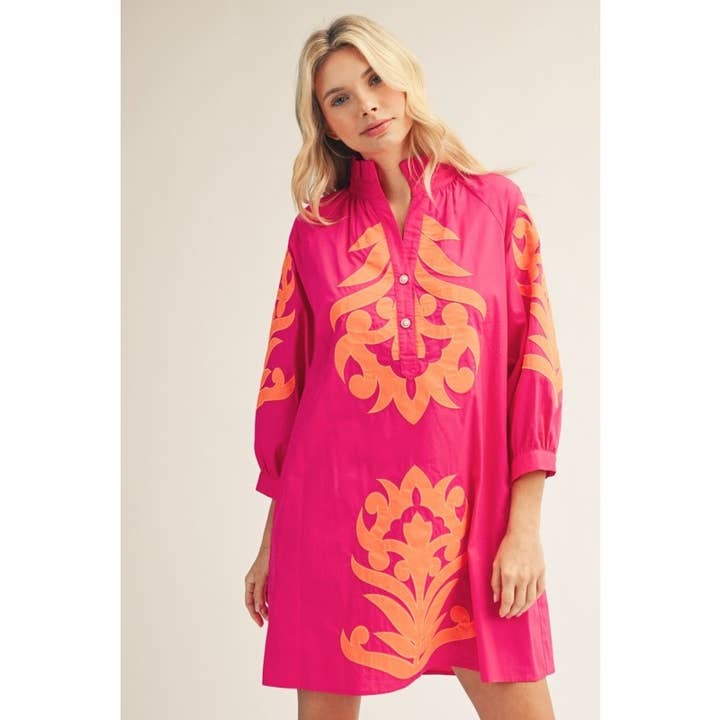 Floral Applique Balloon Sleeve Dress in Fuchsia