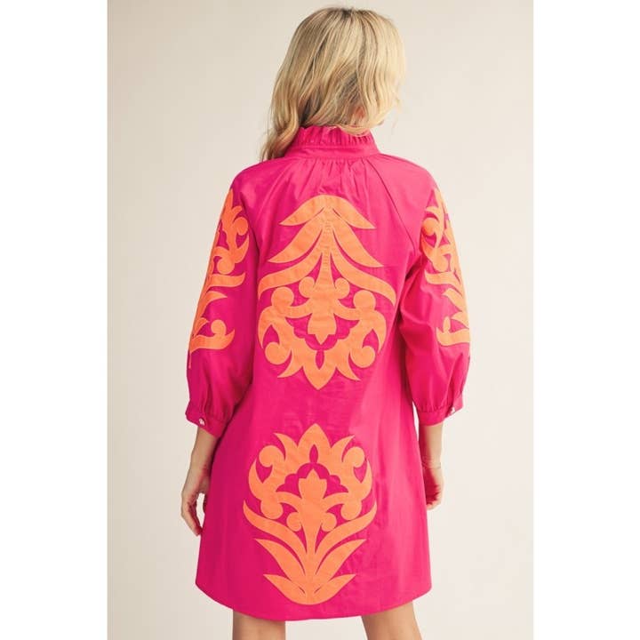 Floral Applique Balloon Sleeve Dress in Fuchsia