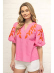 Floral Embroidered Bubble Sleeve V-Neck Top
