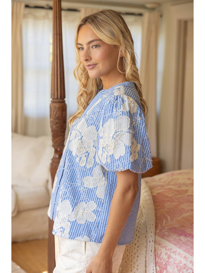 Floral Embroidered Button Down Striped Blouse