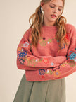 Floral Embroidered Sweater in Two Tone Red