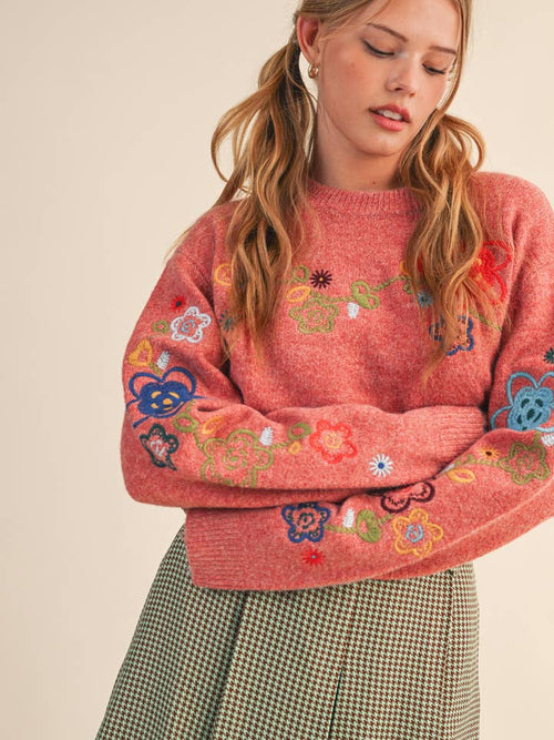 Floral Embroidered Sweater in Two Tone Red