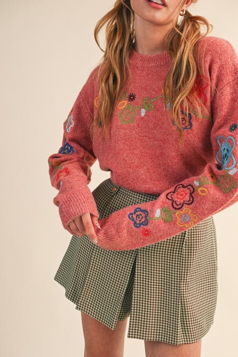 Floral Embroidered Sweater in Two Tone Red