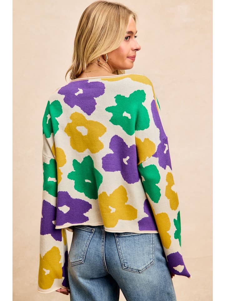 Floral Pattern Mardi Gras Sweater