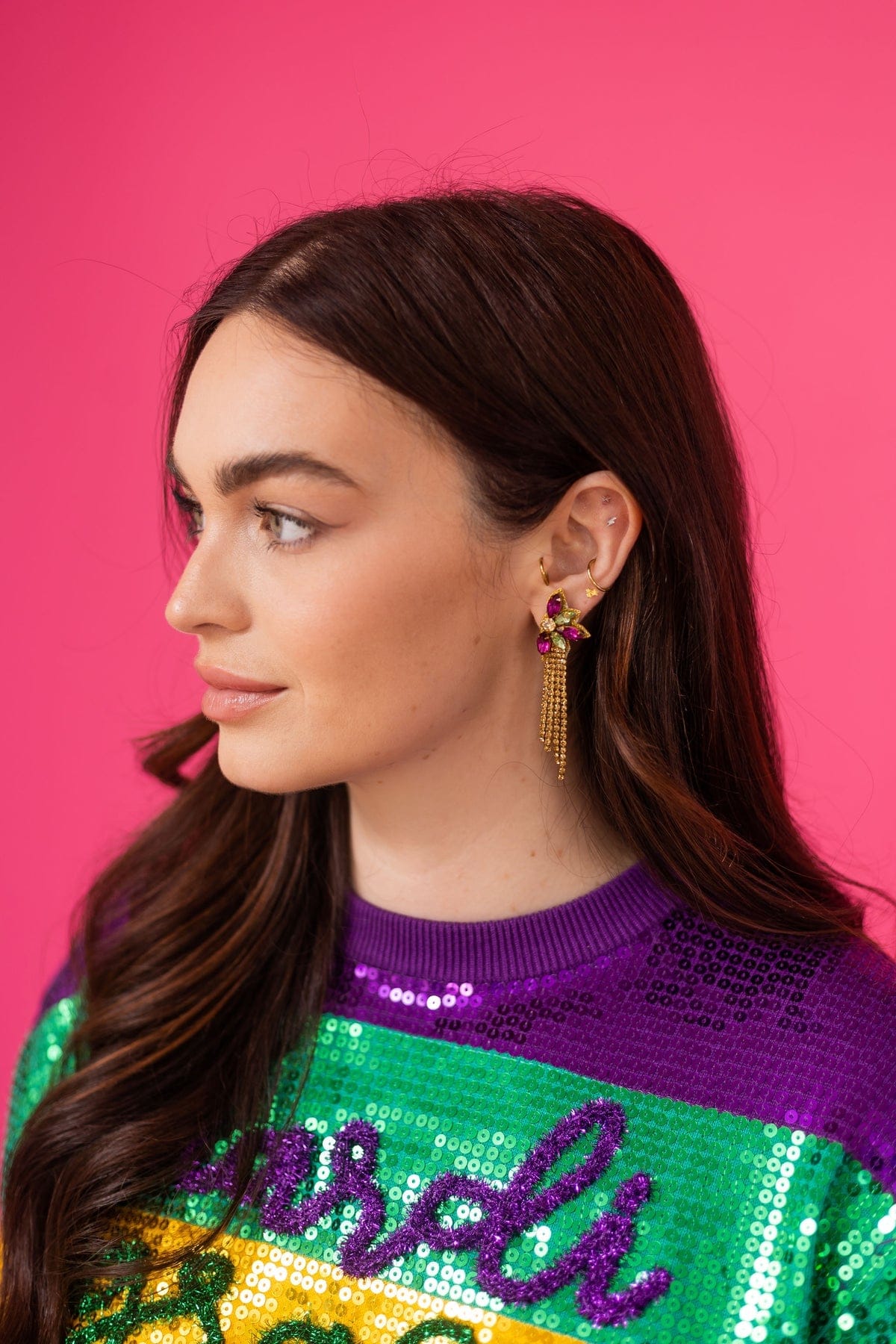 Mardi Gras Flower Rhinestone Dangle Earrings