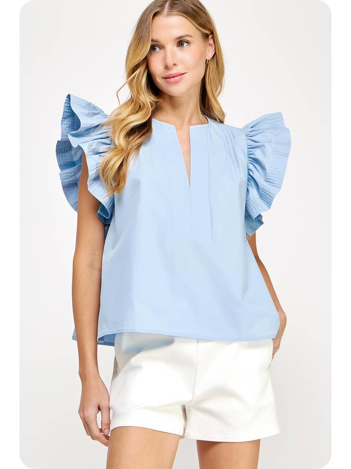 Flutter Ruffle Sleeve Poplin Top in Chambray