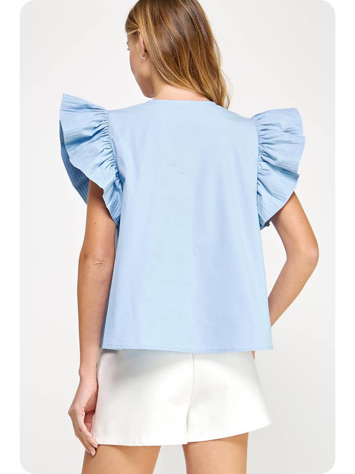 Flutter Ruffle Sleeve Poplin Top in Chambray