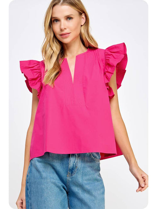 Flutter Ruffle Sleeve Poplin Top in Fuchsia