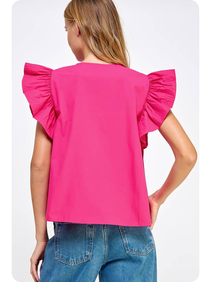 Flutter Ruffle Sleeve Poplin Top in Fuchsia