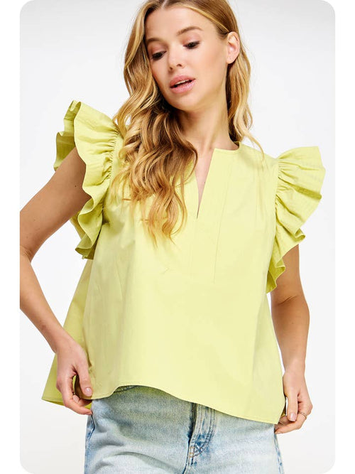 Flutter Ruffle Sleeve Poplin Top in Lime Sherbert