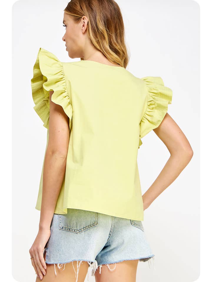 Flutter Ruffle Sleeve Poplin Top in Lime Sherbert