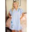 Flutter Sleeve Floral Embroidered Striped Mini Dress