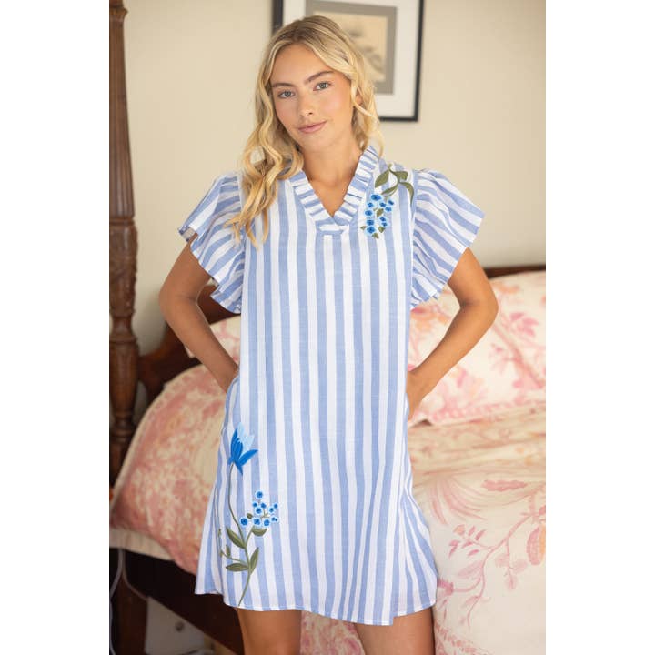Flutter Sleeve Floral Embroidered Striped Mini Dress Flutter Sleeve Floral Embroidered Striped Mini Dress