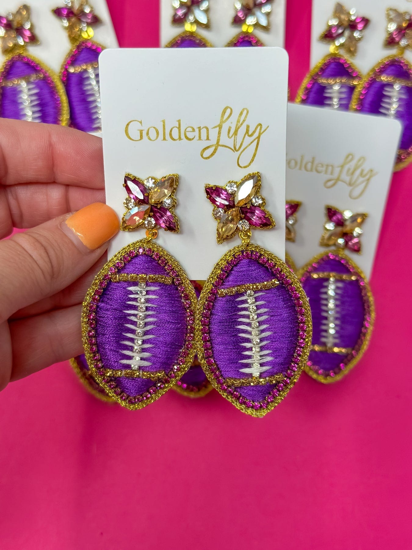 Golden Lily Purple & Gold Football Dangle Earrings Thread - Little Miss Muffin Children & Home