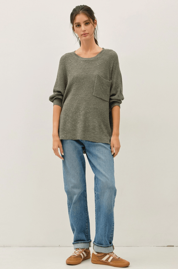 Front Pocket Dolman Long Sleeve Knit Sweater