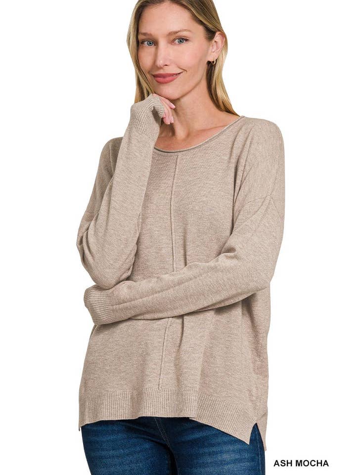 Front Seam Round Neck Knit Sweater in Ash Mocha