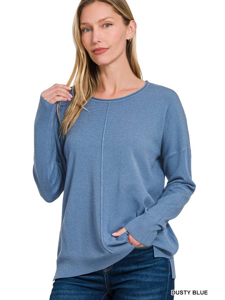 Front Seam Round Neck Knit Sweater in Dusty Blue