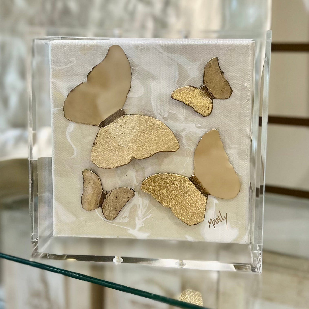 Dana Manly Art Dana Manly Art 3 Gold Butterflies in Shadowbox 6x6 - Little Miss Muffin Children & Home