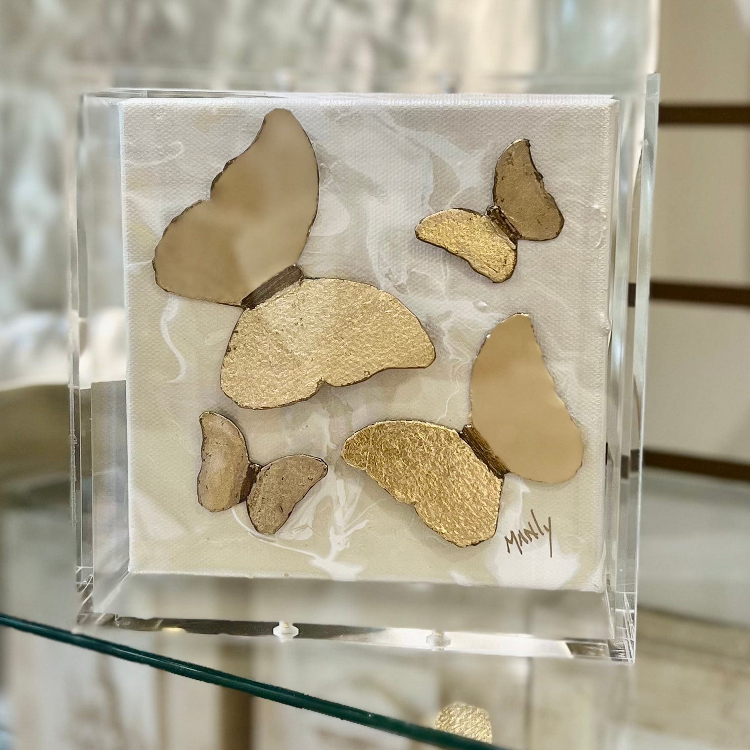 Dana Manly Art Dana Manly Art 3 Gold Butterflies in Shadowbox 6x6 - Little Miss Muffin Children & Home