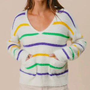 Vanilla Monkey Mardi Gras Striped V-Neck Shaggy Sweater