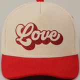 Fashion City Love Glitter Bubble Letter Two-Tone Corduroy Cap, Red