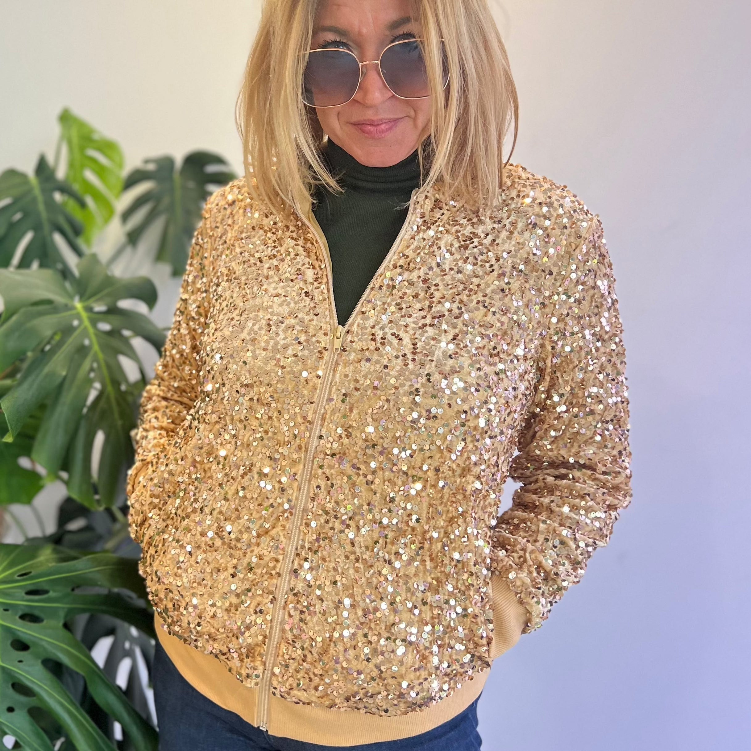 Anna-Kaci Sparkly Sequin Jacket Glitter Long Sleeves Zip Up Bomber Velvet Jacket -Small, Gold Anna-Kaci Sparkly Sequin Jacket Glitter Long Sleeves Zip Up Bomber Velvet Jacket -Small, Gold