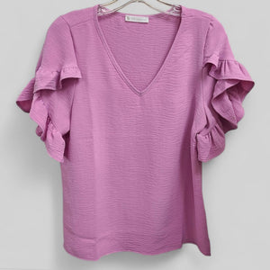 FSL Apparel Ruffled Tulip Sleeve V-Neck Top in Lilac