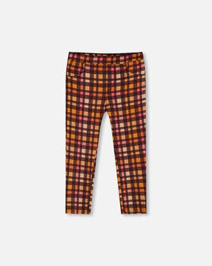 Deux Par Deux Milano Pink & Brown Plaid Treggings