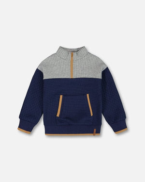 Deux Par Deux Quilted Jersey Half Zip Top with Pocket, Moonlight Blue