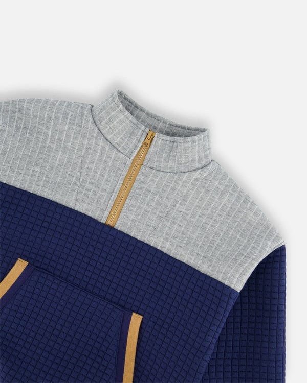 Deux Par Deux Deux Par Deux Quilted Jersey Half Zip Top with Pocket, Moonlight Blue - Little Miss Muffin Children & Home