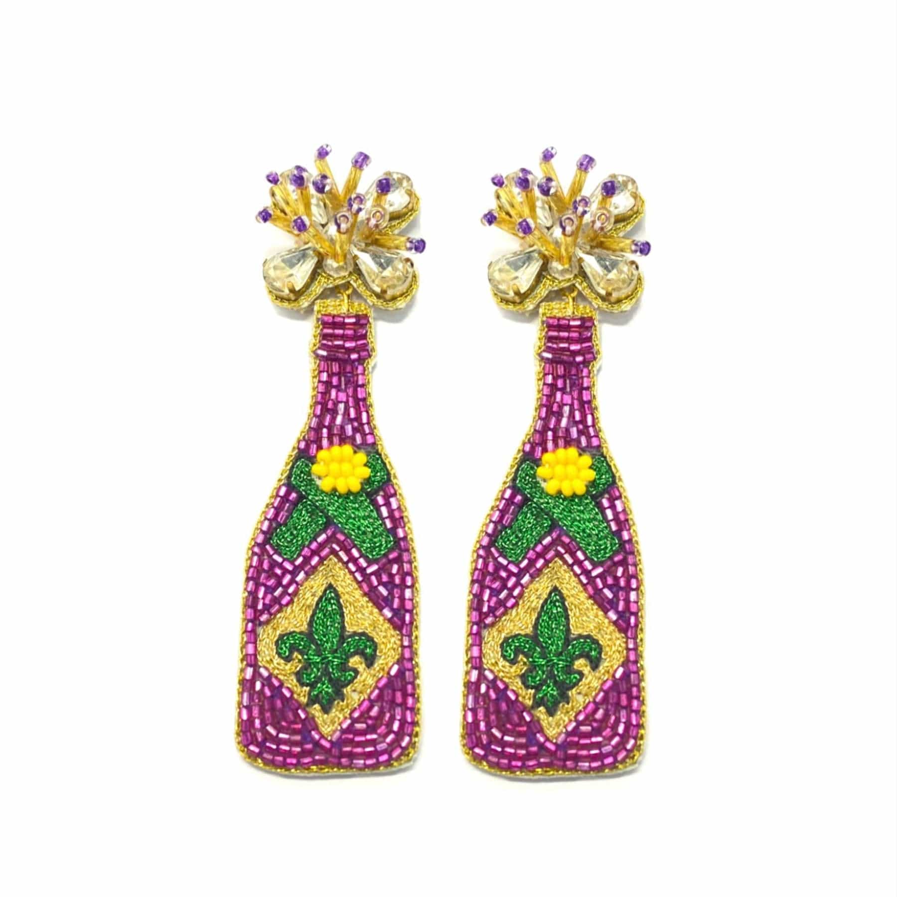 Golden Lily Mardi Gras Champagne Bottle Earrings - Little Miss Muffin Children & Home