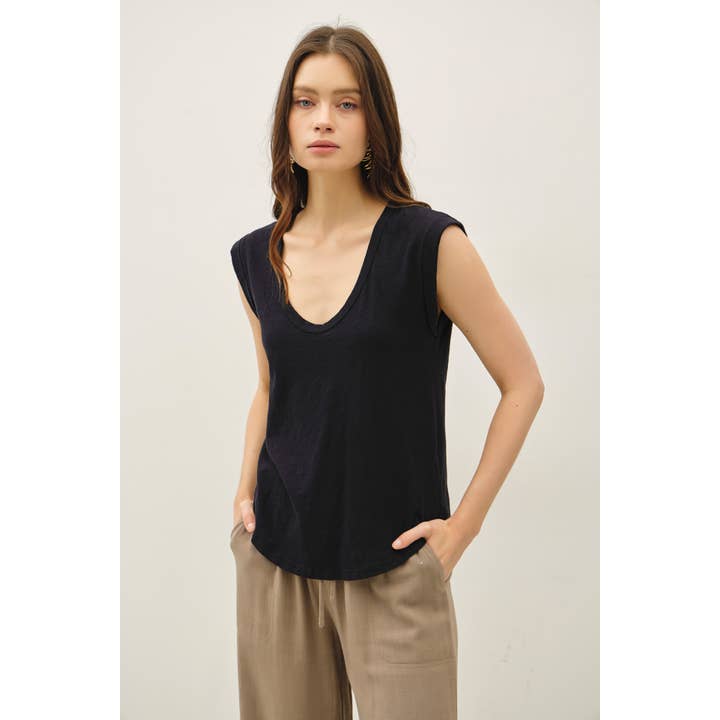 Be Cool Garment Dyed Scoop V-Neck Cap Sleeve Top in Black - Little Miss Muffin Children & Home