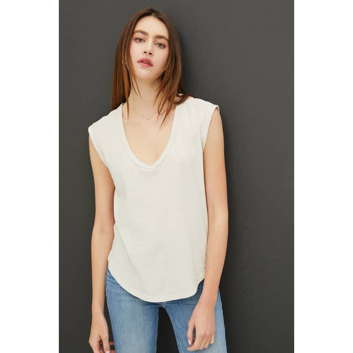 Be Cool Garment Dyed Scoop V-Neck Cap Sleeve Top in Light Taupe - Little Miss Muffin Children & Home