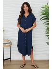 Gauze Short Sleeve Button Down Midi Dress in Navy